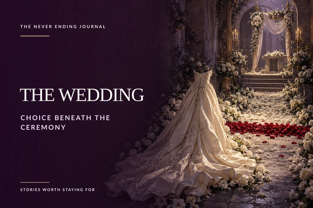Deep-plum editorial cover with headline space on the left and, on the right, an empty ivory wedding gown paused beside red petals among white flowers on a path towards a softly lit altar.