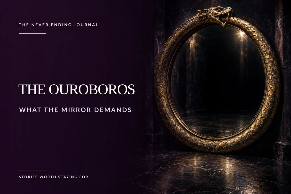 Editorial cover background with overlaid headline text on deep-plum negative space, beside a monumental gilded serpent-framed mirror in a pitch-black room.