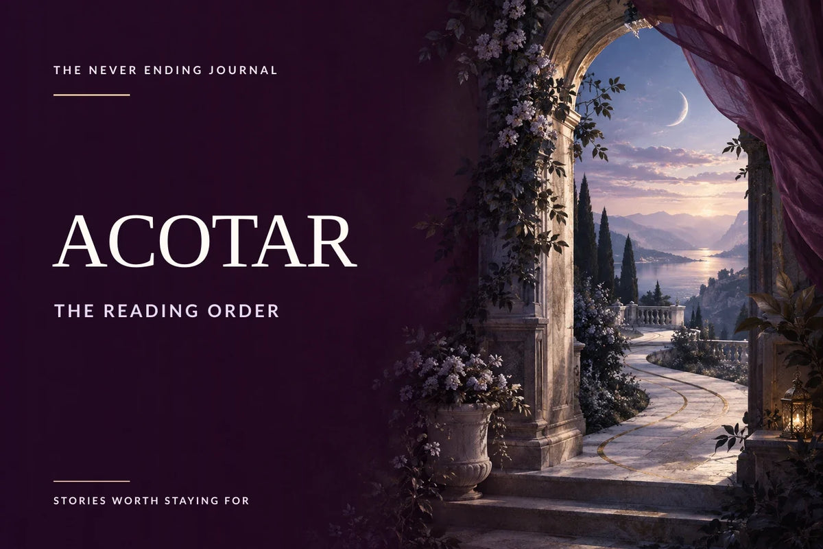An arched passage opens onto a twilight landscape in plum and lilac tones, with ACOTAR reading-order editorial text overlaid.