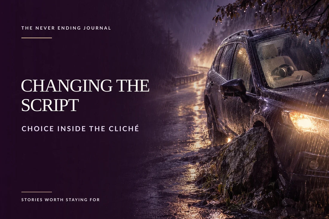 Editorial background with a car stranded on a roadside rock in heavy rain and headphones visible on the passenger seat, beside overlaid headline text reading Changing the Script.