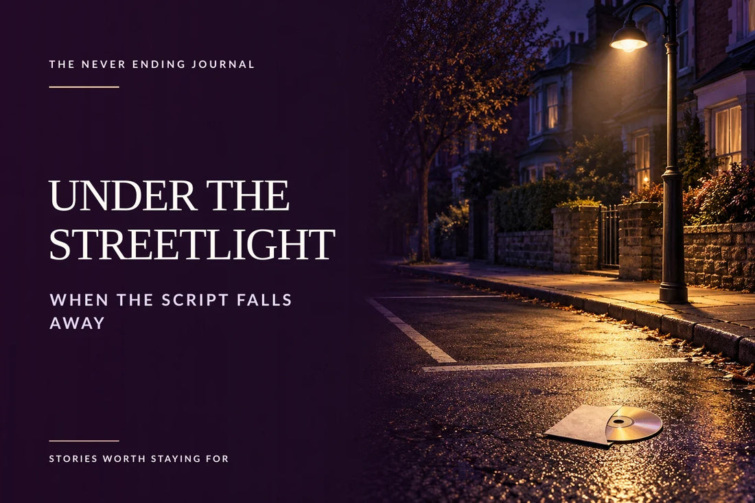 Deep-plum editorial background with an empty kerbside parking space, a blank homemade CD and a warm streetlight outside neighbouring homes, with “Under the Streetlight” overlaid on the calm left side.