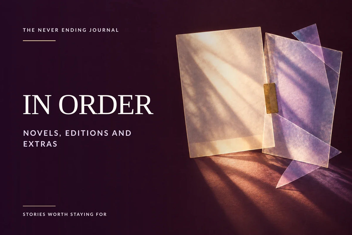 Deep-plum editorial background with overlaid headline text on the left and two abstract, translucent cinematic frames joined by a gold splice on the right, suggesting a sequel’s change of perspective.