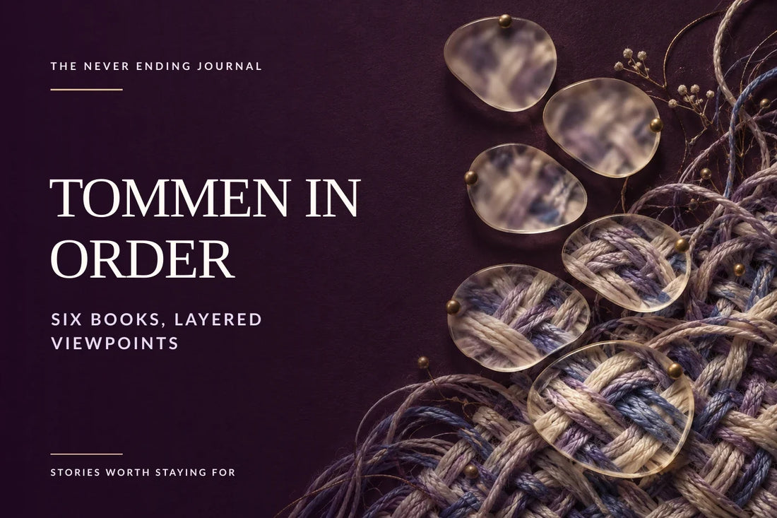 Deep-plum editorial background with six translucent lenses revealing different parts of an ivory, lilac and periwinkle threadwork composition on the right; the overlaid headline reads “Tommen in Order”.