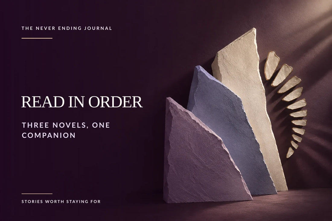 Deep-plum editorial background with overlaid reading-order headline text and an antique-gold route sculpture on the right, where one ivory path continues forwards and smaller lilac paths curve back to earlier waypoints.