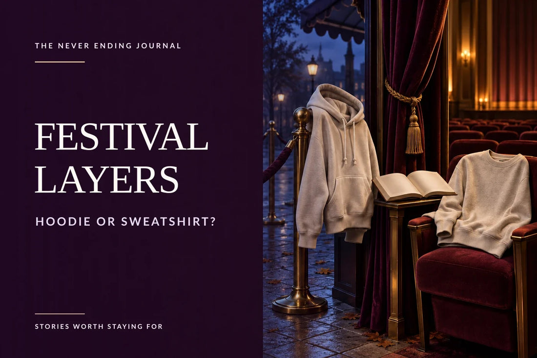 Deep-plum editorial cover with overlaid headline text on the left and, on the right, a hoodie at an outdoor festival queue beside a sweatshirt on an indoor auditorium chair, linked by an open unbranded book.