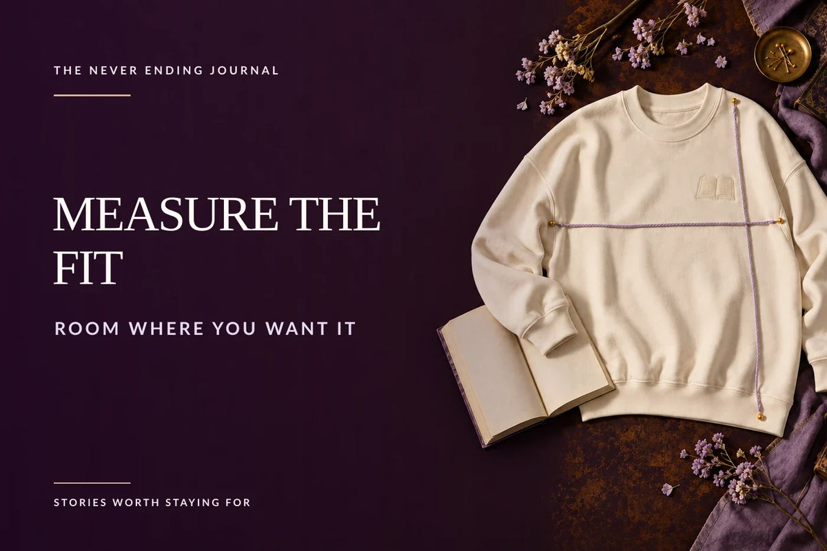 Editorial overhead scene of an ivory bookish sweatshirt being measured flat beside an open unbranded book, with headline text overlaid on deep-plum negative space.