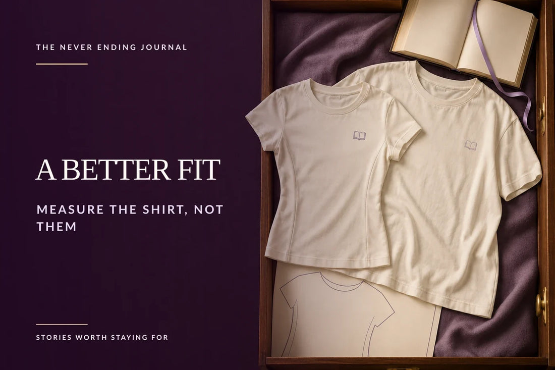 Editorial overhead scene with a tailored T-shirt and a relaxed T-shirt arranged over a blank reference template beside an open book, with headline text over deep-plum negative space.