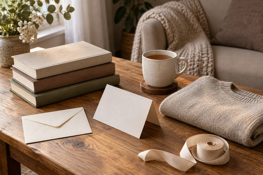 A wooden table with plain books, a folded neutral garment, a blank gift envelope, ribbon and a cup of tea beside a reading chair.
