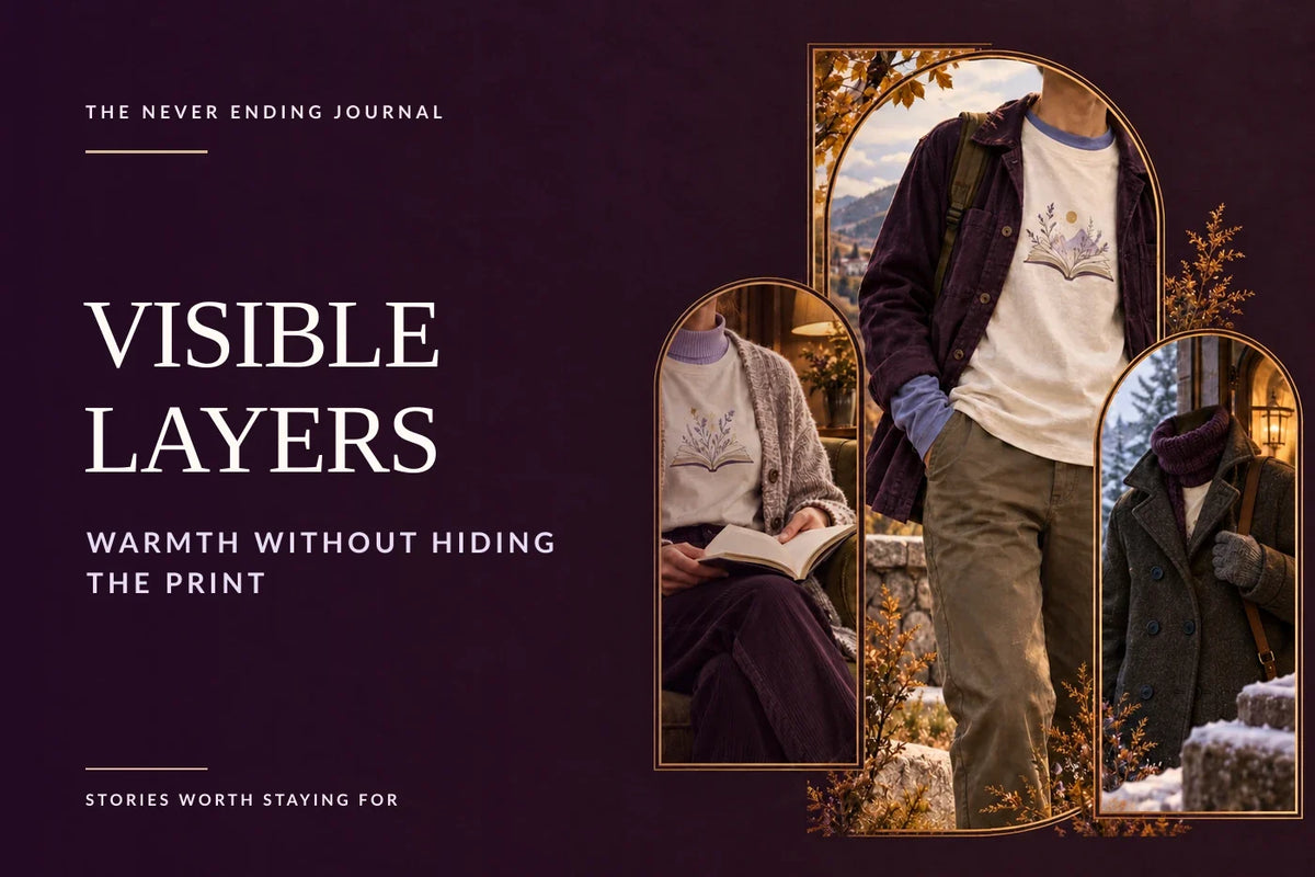 Editorial cover with three right-side vignettes showing a bookish T-shirt layered for a cool reading room, mild outdoor weather and a cold journey, beside deep-plum space for overlaid headline text.