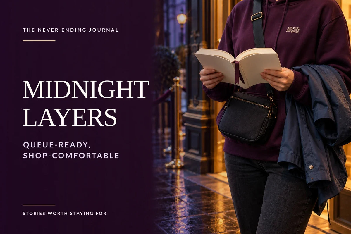 Editorial night scene at a glowing bookshop threshold, with headline text overlaid on deep-plum negative space beside an anonymous reader wearing a bookish hoodie, carrying a folded rain shell, cross-body bag and open book.