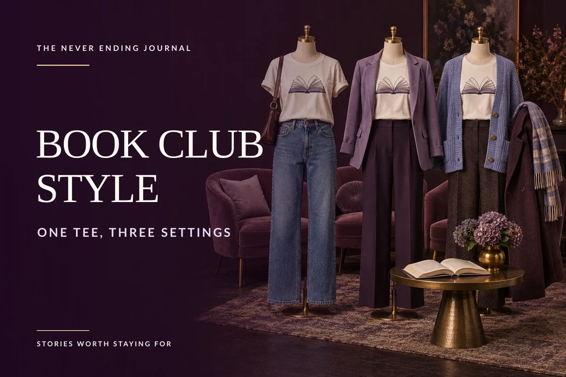 Editorial triptych on the right shows the same ivory bookish T-shirt styled with jeans, tailored trousers and cold-weather layers beside an open book and three book-club chairs, with the Book Club Style headline overlaid on dark plum space at left.
