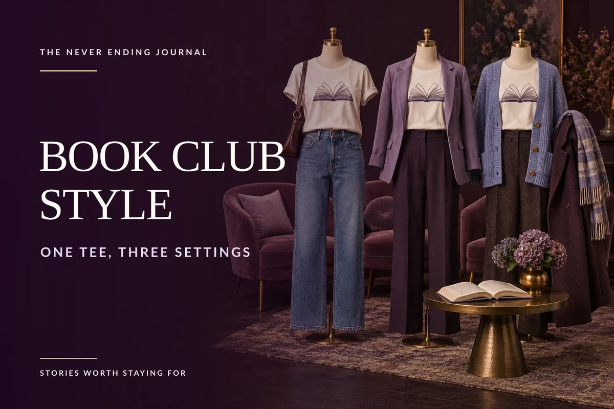 Editorial triptych on the right shows the same ivory bookish T-shirt styled with jeans, tailored trousers and cold-weather layers beside an open book and three book-club chairs, with the Book Club Style headline overlaid on dark plum space at left.