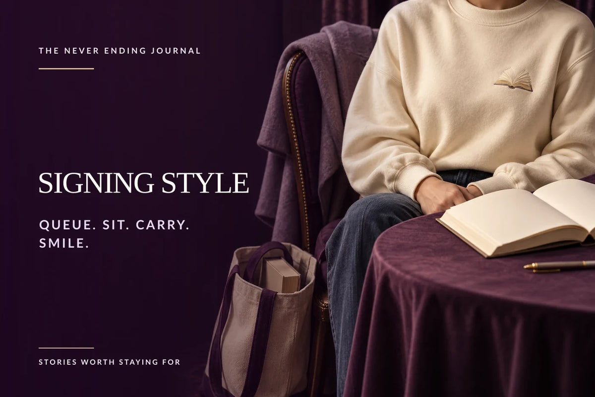 Editorial signing scene with headline text overlaid on deep-plum negative space, beside a cropped attendee in a bookish sweatshirt, an open text-free book, a signing table and a fabric book tote.