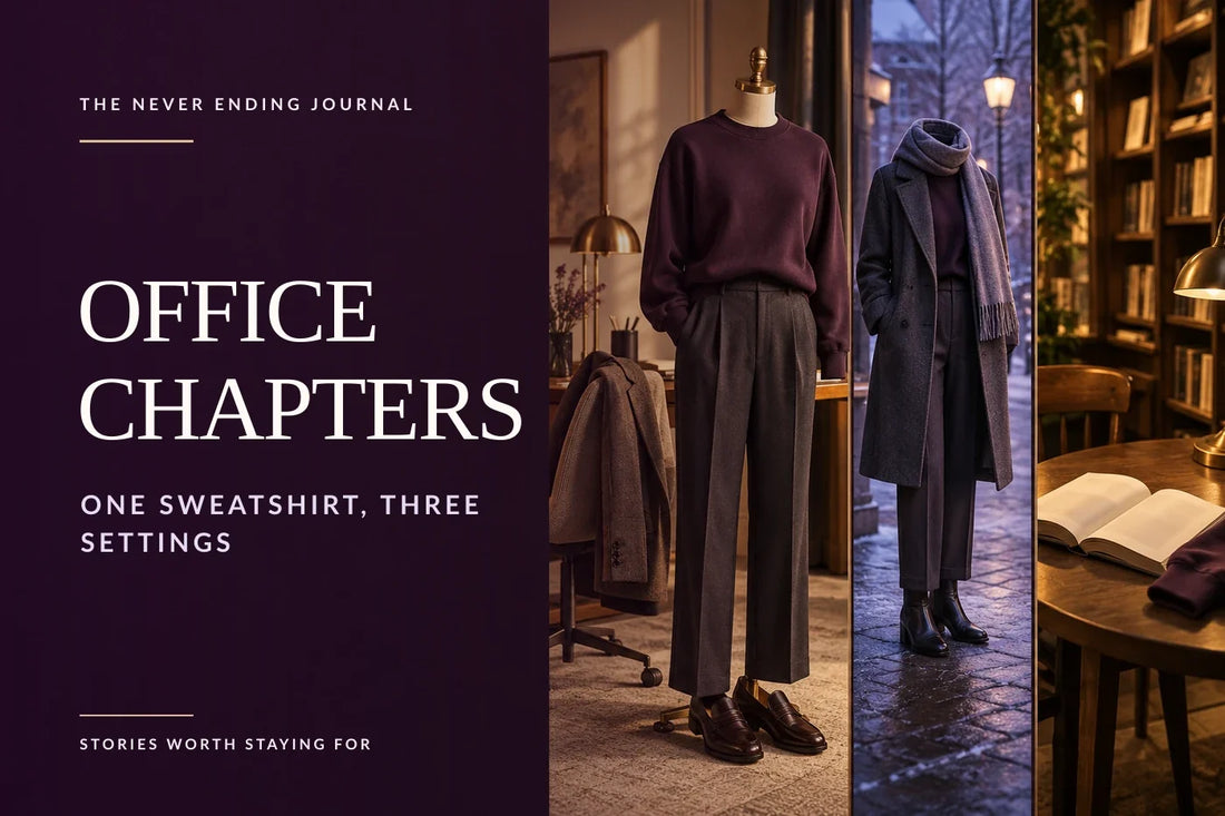 Editorial triptych showing a heavy blend sweatshirt styled for a warm office, a cold commute and a bookshop reading table, with Office Chapters headline text overlaid on deep-plum negative space.