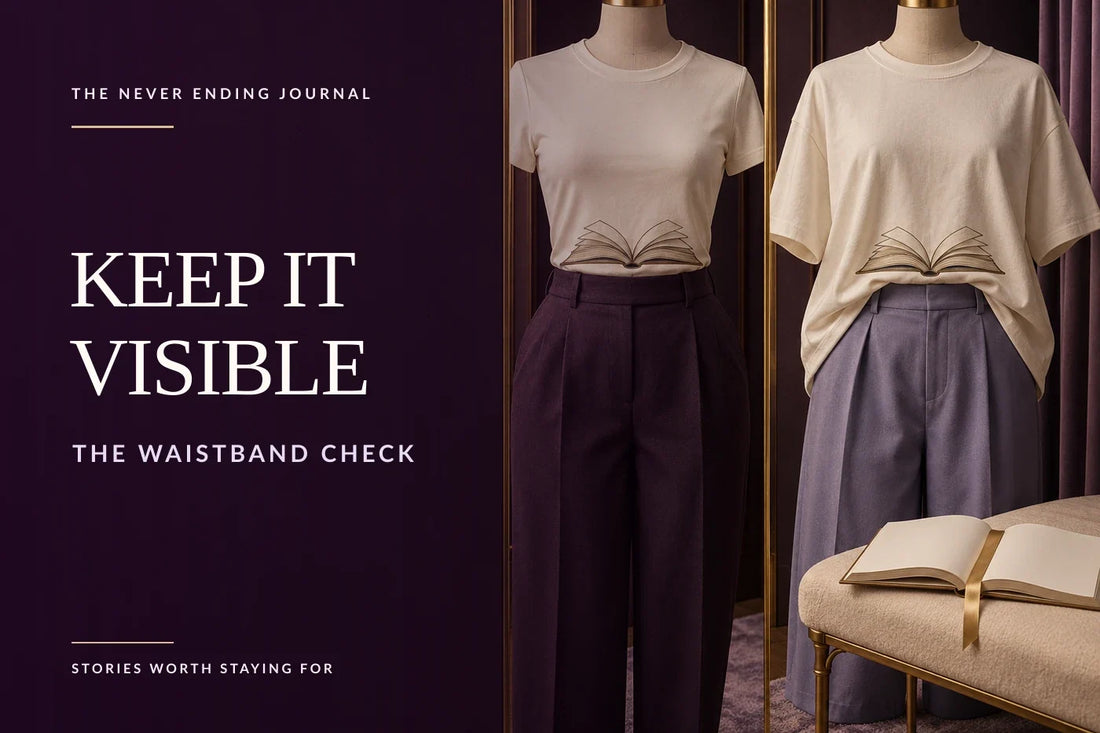 Editorial diptych showing a tailored bookish T-shirt fully tucked beside a relaxed heavyweight T-shirt with a shallow front tuck, with an open blank book and bookmark nearby; the headline Keep It Visible is overlaid on deep-plum space.