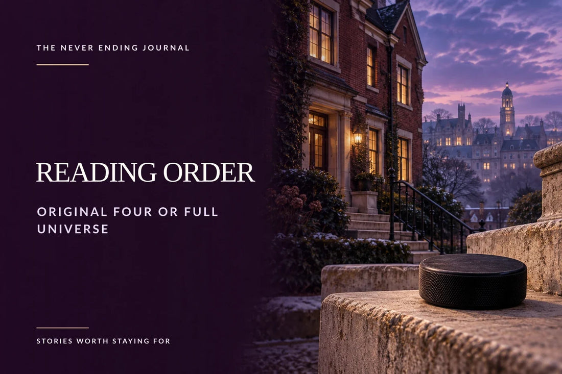 Editorial background with a hockey puck on an ivory stone step beside an off-campus house, with a fictional university campus glowing in the distance and reading-order headline text overlaid on dark plum space.