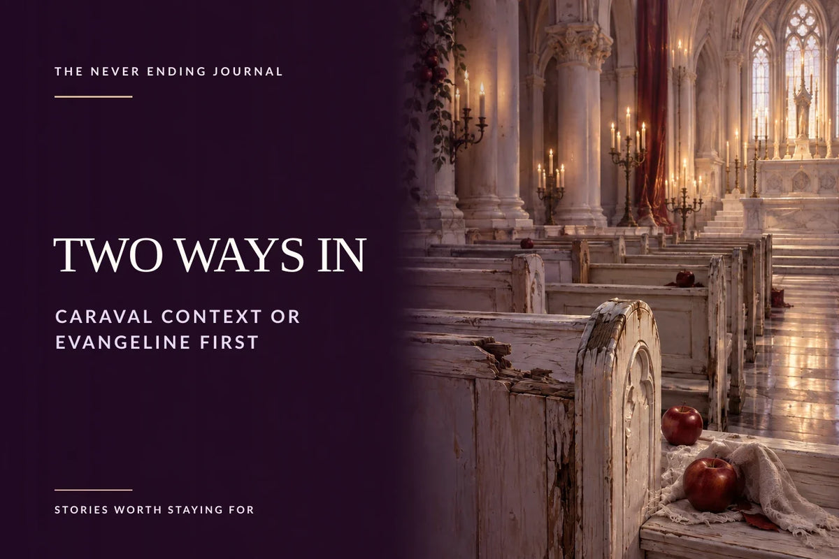 Editorial background showing apples and worn, mismatched white wooden pews inside a candlelit white cathedral, with deep-plum negative space and overlaid reading-order headline text on the left.
