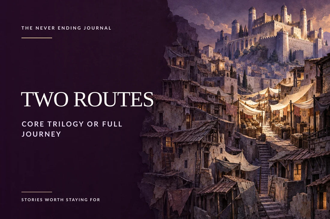 Deep-plum editorial background with the slums and market of Loot layered beneath Ilya’s distant castle, with Two Routes headline text overlaid on the calm left side.