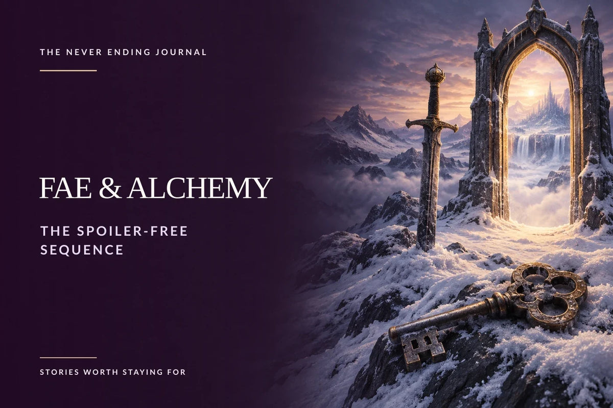 Deep-plum editorial background with headline text overlaid on the left, beside a forbidden sword, an old key and a freestanding gateway in an ice-and-snow landscape on the right.