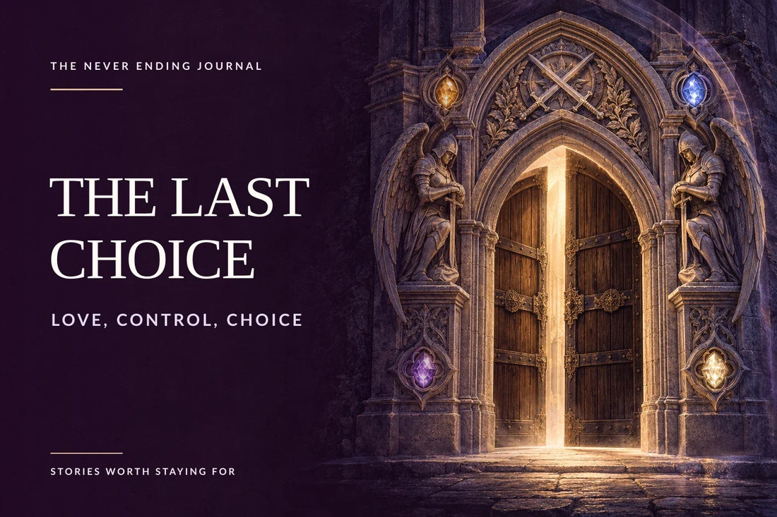 Deep-plum editorial background with headline text overlaid at left and, at right, an ornate stone arch containing four stones and an illuminated wooden door, edged by a subtle doubled silhouette.