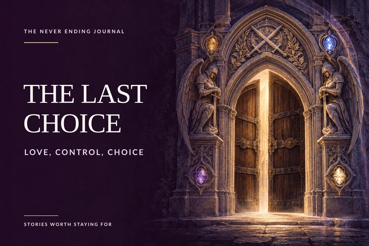 Deep-plum editorial background with headline text overlaid at left and, at right, an ornate stone arch containing four stones and an illuminated wooden door, edged by a subtle doubled silhouette.