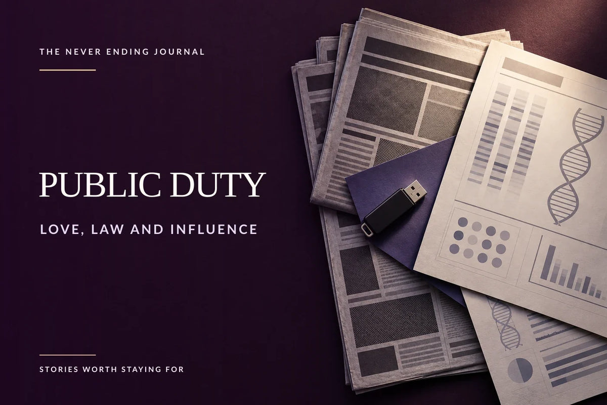 Deep-plum editorial background with tabloid newspapers, a shadowed USB drive and illuminated DNA test documents arranged on the right, with Public Duty headline text overlaid on the calm left side.