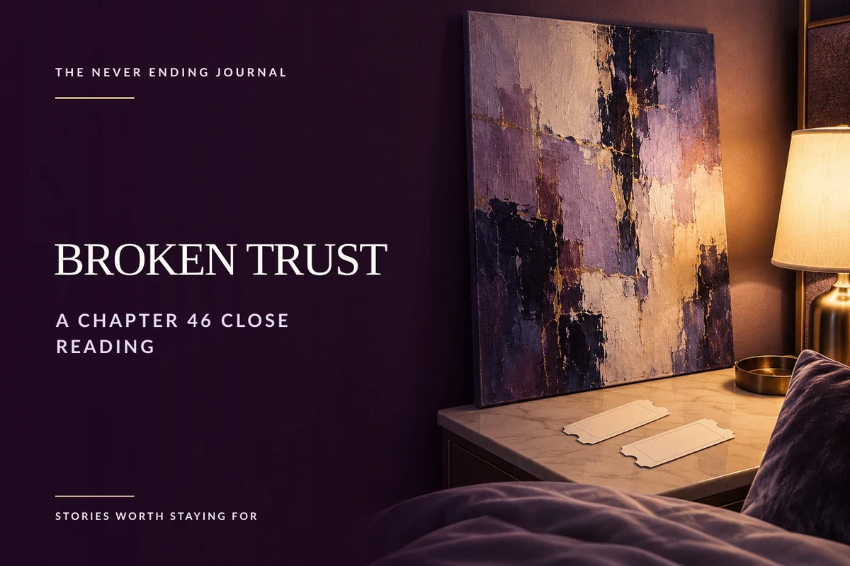 Deep-plum editorial background with a nonfigurative painting and two blank theatre tickets arranged in a shadowed bedroom on the right, with the headline Broken Trust overlaid on the dark left side.
