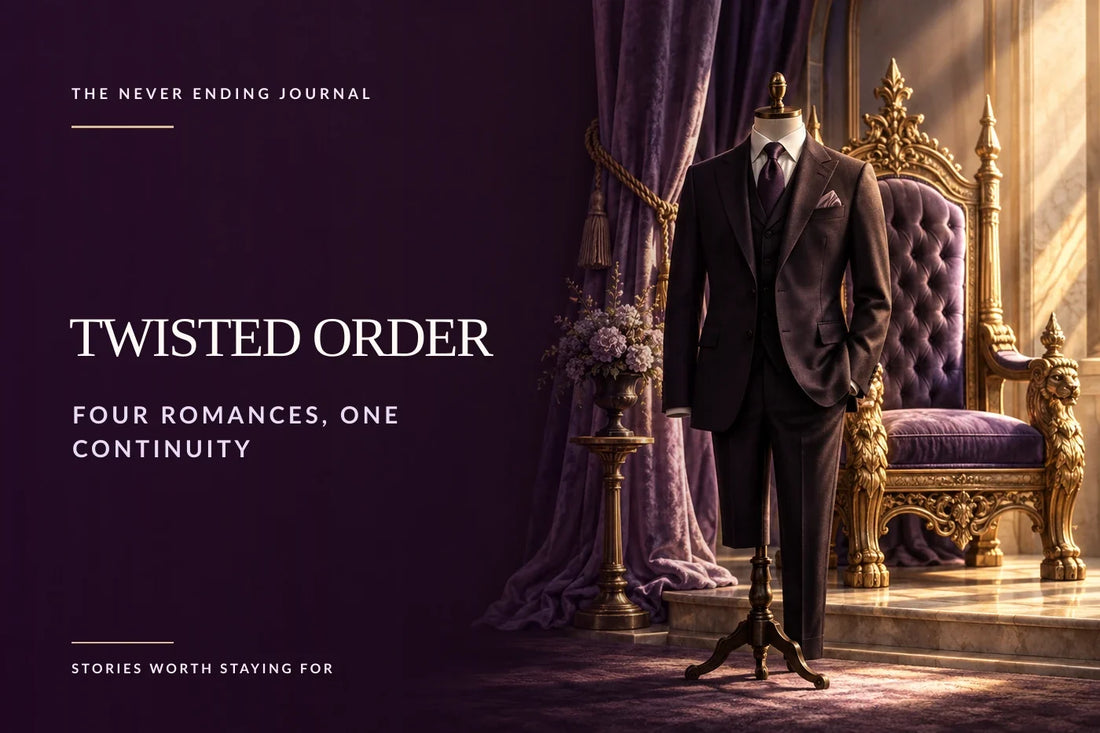 Deep-plum editorial background with a royal throne and a perfectly tailored gentleman’s suit arranged in a dramatic right-side still life, with Twisted Order headline text overlaid on the quiet left side.