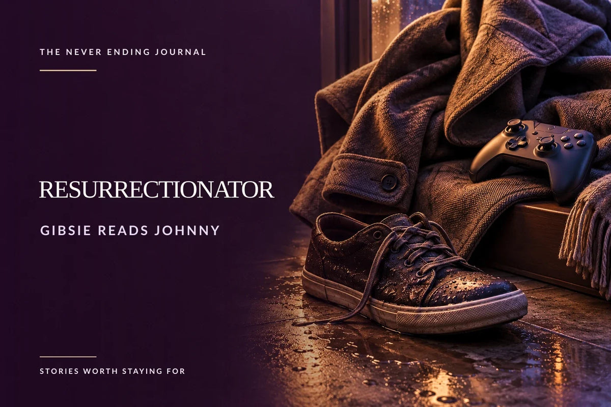 Deep-plum editorial background with an oversized coat and video-game controller arranged above a rain-soaked loose shoe, with headline text overlaid on the calm left side.