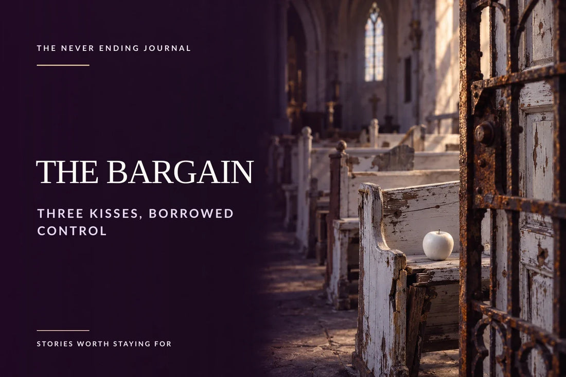 Deep-plum editorial church scene with a chipped white door behind a rusted grate, damaged white pews and a white apple on the right, with headline text overlaid on the calm left side.