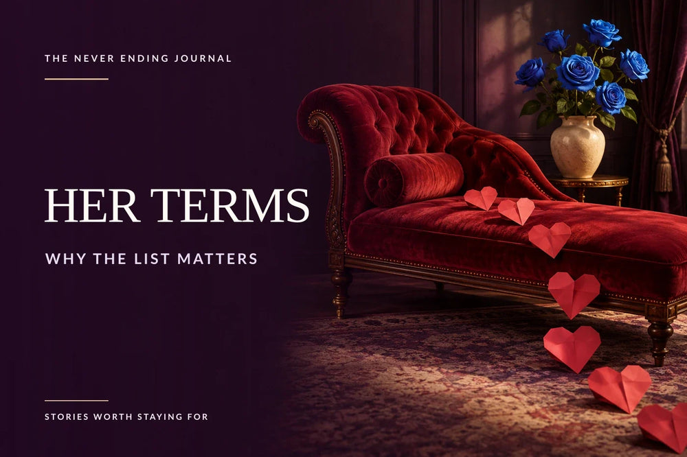 Deep-plum editorial background with overlaid headline space on the left and a red velvet chaise lounge, blue roses and folded origami hearts arranged in warm light on the right.