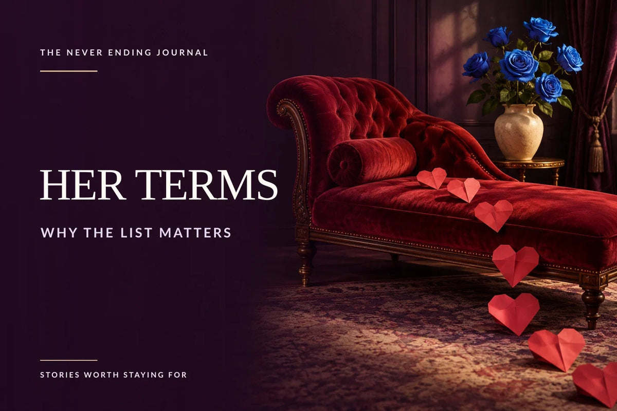 Deep-plum editorial background with overlaid headline space on the left and a red velvet chaise lounge, blue roses and folded origami hearts arranged in warm light on the right.