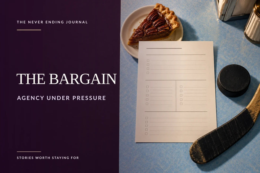 Editorial still life on a baby-blue Formica diner counter with a slice of pecan pie, a text-free ethics exam paper and unbranded ice hockey equipment, with headline text overlaid on deep-plum negative space at left.