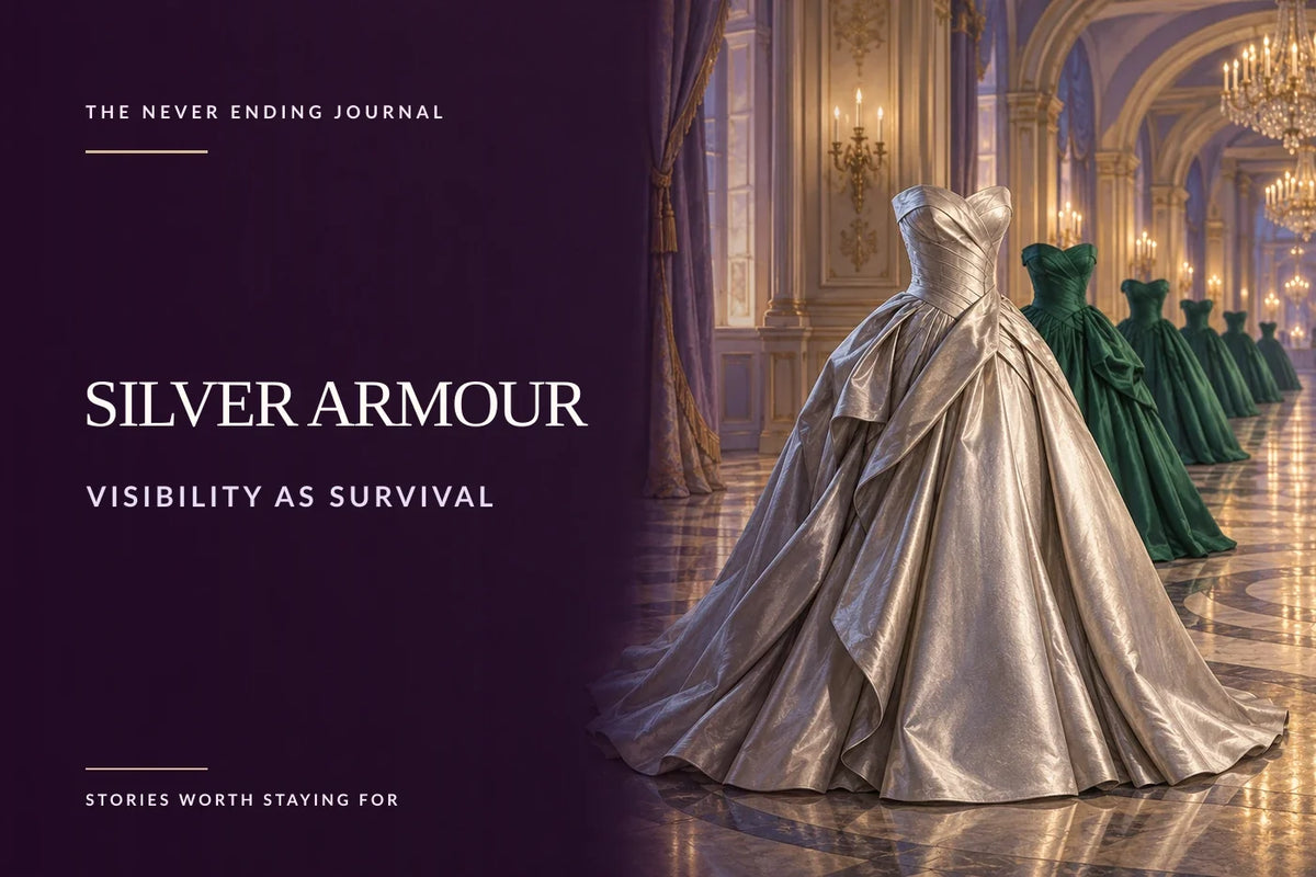 Deep-plum editorial cover with “Silver Armour” overlaid on the calm left side, while a silver ball gown stands apart from a procession of green gowns in a softly lit palace ballroom on the right.