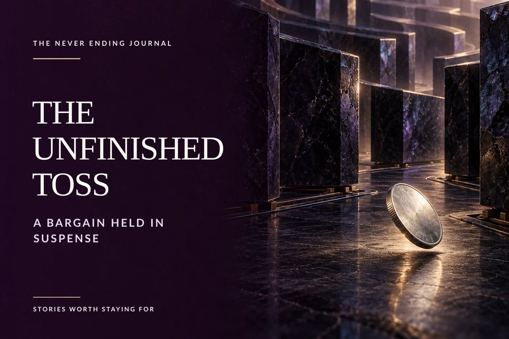 Deep-plum editorial background with the original silver coin poised just above the dark floor of a shifting obsidian labyrinth, with The Unfinished Toss headline overlaid on the calm left side.