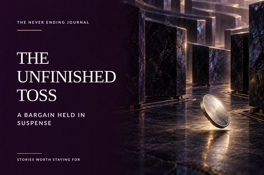 Deep-plum editorial background with the original silver coin poised just above the dark floor of a shifting obsidian labyrinth, with The Unfinished Toss headline overlaid on the calm left side.