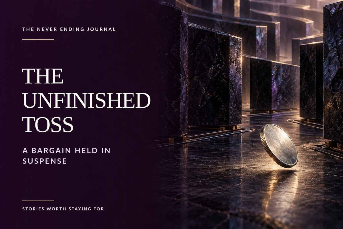 Deep-plum editorial background with the original silver coin poised just above the dark floor of a shifting obsidian labyrinth, with The Unfinished Toss headline overlaid on the calm left side.