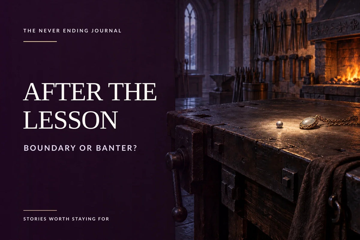 Unpeopled Winter Palace forge in deep plum and lilac tones, with a heavy workbench holding a matte silver bead and protective pendant; editorial headline text is overlaid on the dark left side.