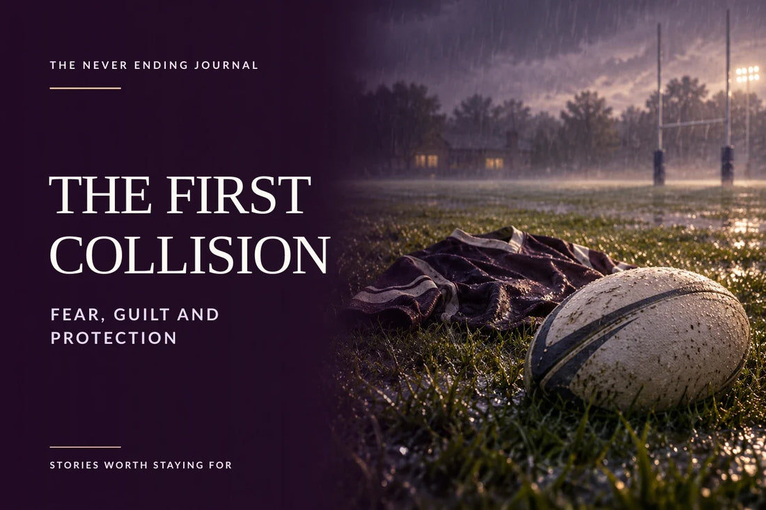 Rain-soaked school rugby fields in plum and periwinkle tones, with a rugby ball and rugby jersey arranged in the wet grass on the right and editorial headline text overlaid on dark negative space at left.