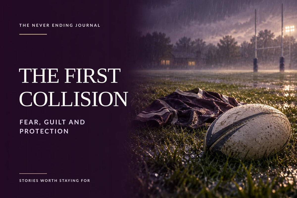 Rain-soaked school rugby fields in plum and periwinkle tones, with a rugby ball and rugby jersey arranged in the wet grass on the right and editorial headline text overlaid on dark negative space at left.