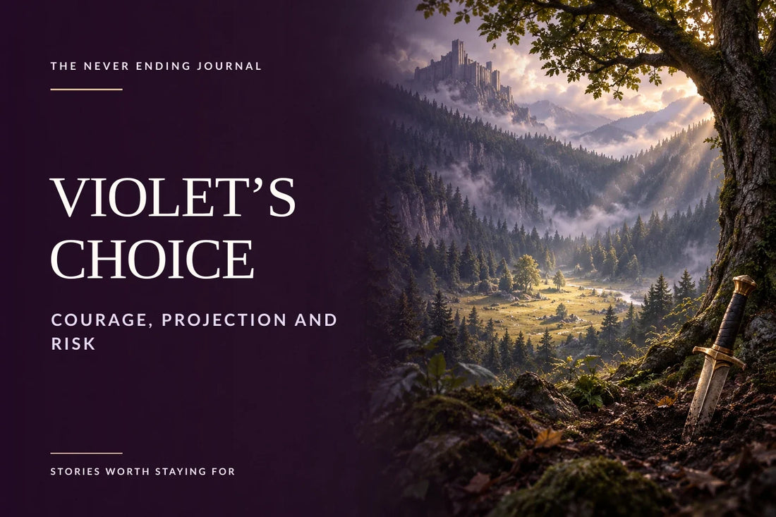 Deep-plum editorial cover with headline text overlaid on calm space at left, beside a forest clearing, lookout tree, grounded dagger and distant citadel in lilac and warm-ivory light.