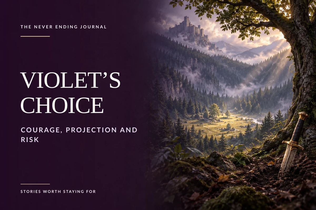 Deep-plum editorial cover with headline text overlaid on calm space at left, beside a forest clearing, lookout tree, grounded dagger and distant citadel in lilac and warm-ivory light.