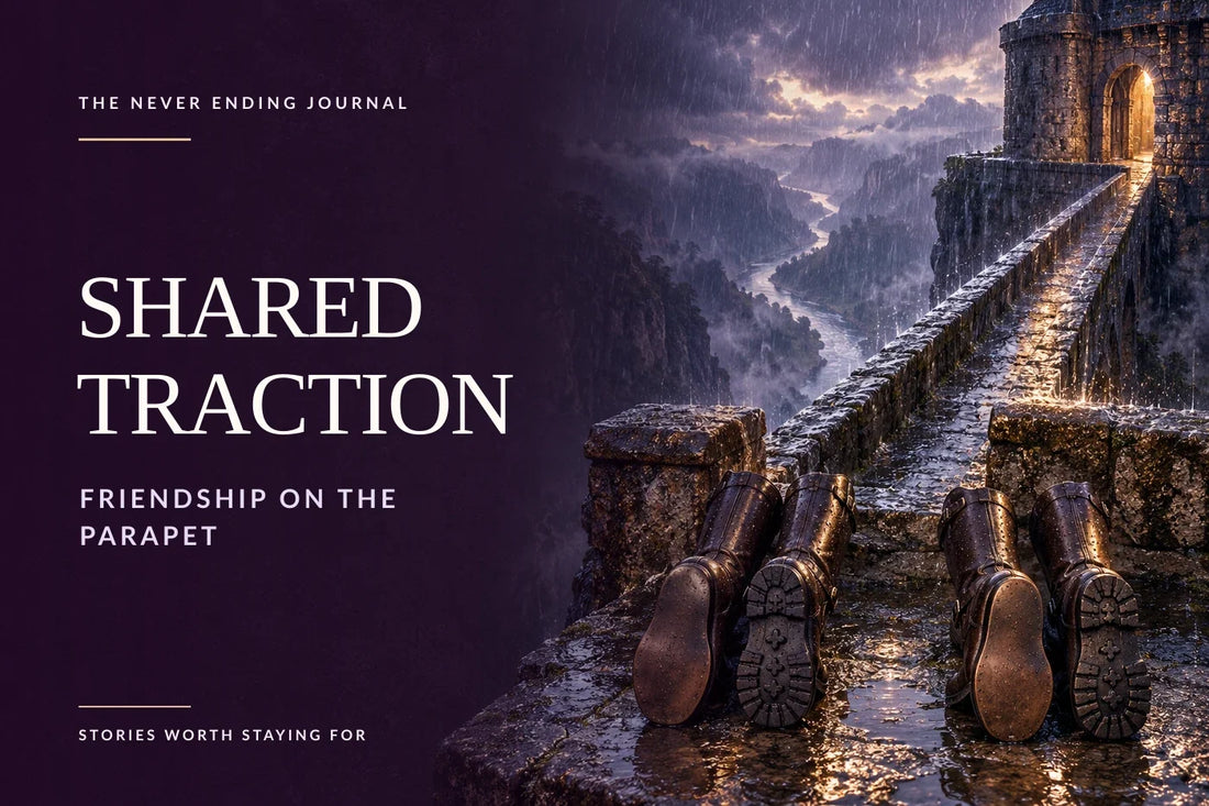 Editorial cover background with mismatched riding boots beside a rain-soaked stone parapet above a ravine, leaving deep-plum space on the left for the Shared Traction headline overlay.