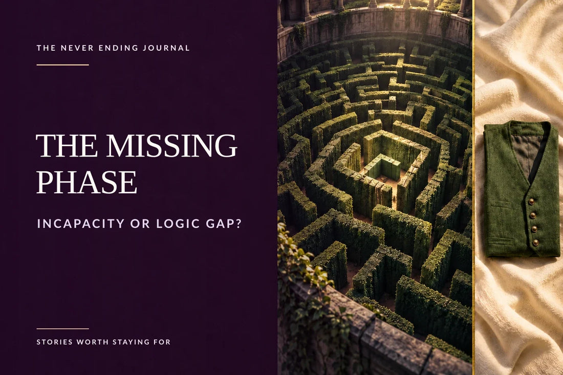 Editorial diptych with the tall hedge maze in the arena’s Pit beside a separate textile panel containing a folded green vest, with deep-plum negative space on the left for overlaid headline text.